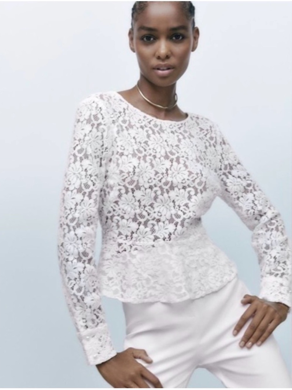 Zara White Floral Lace Peplum Top
